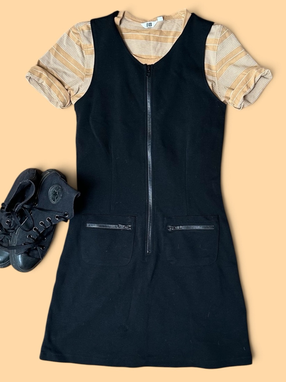 Vintage Y2K CLUB MONACO Black Sporty Zip-up A-Line Dress Zipper pockets